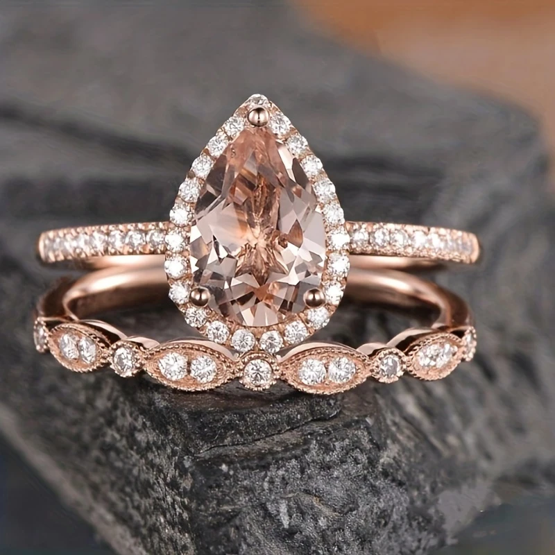 Vintage Rose Crystal Drop Ring Set