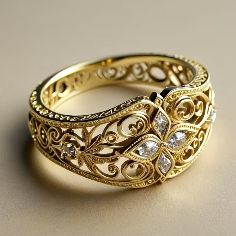 Exotic Floral Crystal Gold Hollow Ring