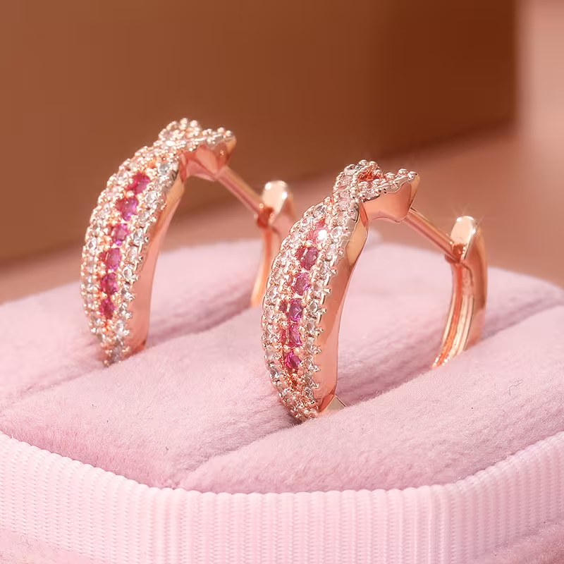 Pink Crystal Rose Hoop Earrings