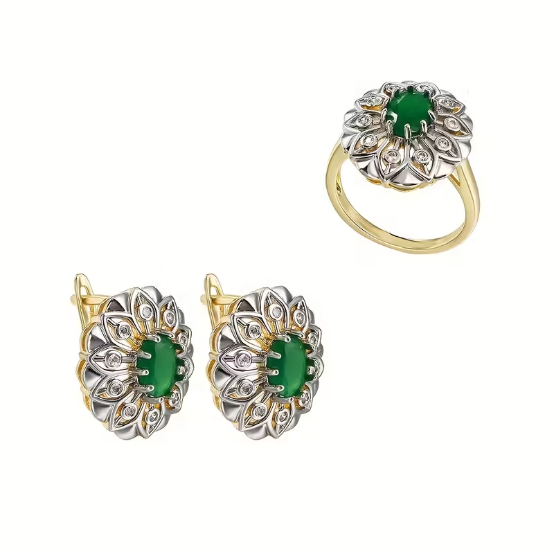 Gold Emerald Earrings + Ring Set