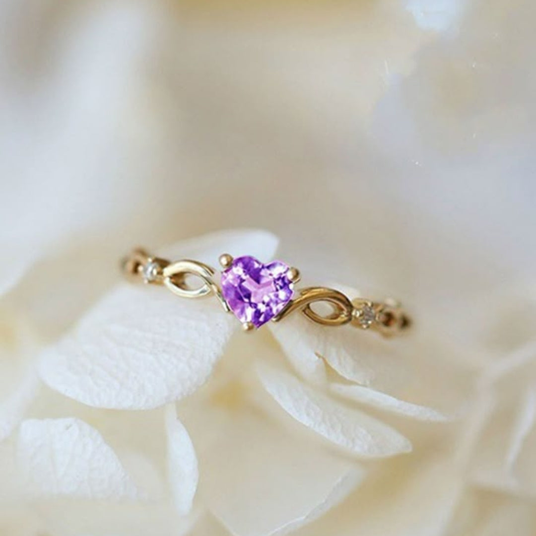 Purple Crystal Heart Gold Ring