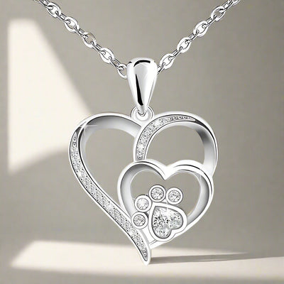 Sterling Silver Paw & Heart Necklace with Zirconia