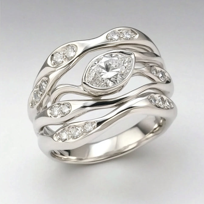 Vintage Layered Wavy Zirconia Silver Ring
