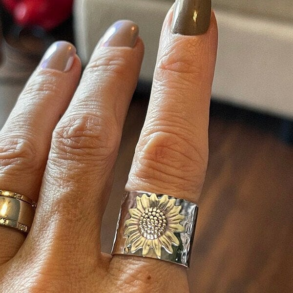 Golden Sunflower Wide Band Ring