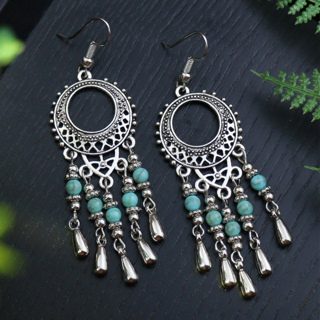 Mandala Pendant Earrings with Opal in Silver