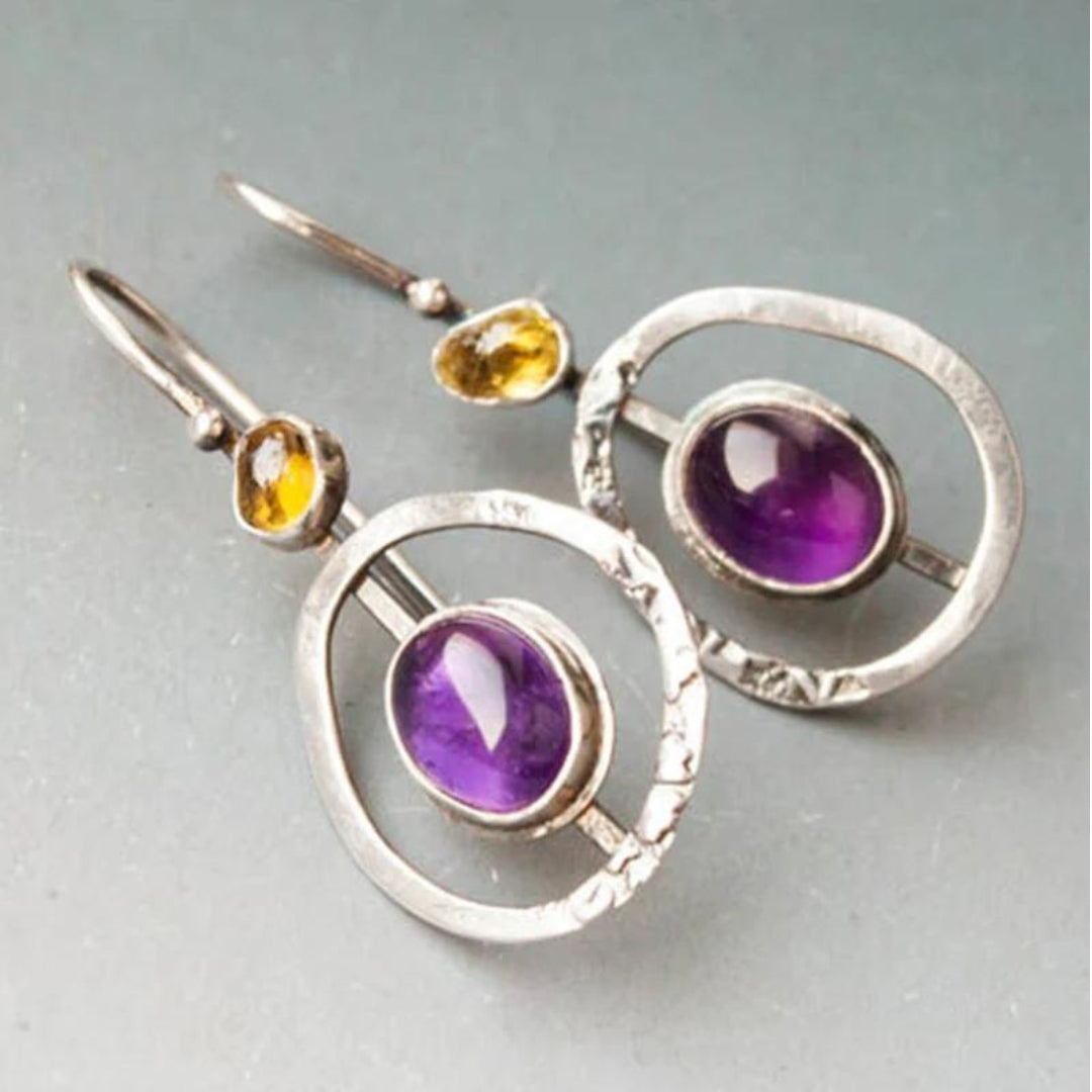 Boho circular earrings with amethyst in silver – Timeless Treasures Brand