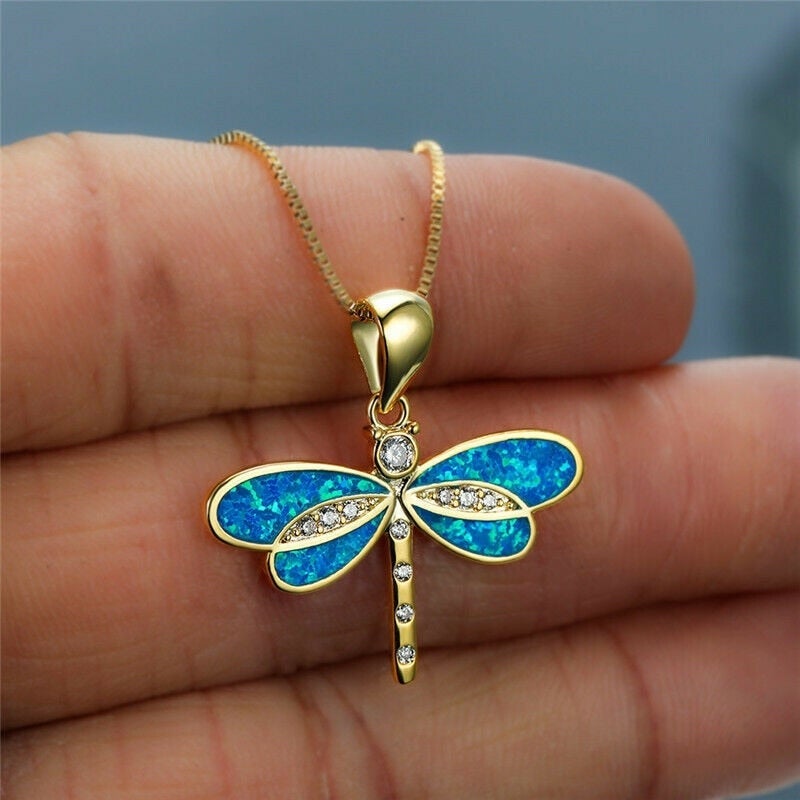 Dragonfly Necklace in Gold with Opal