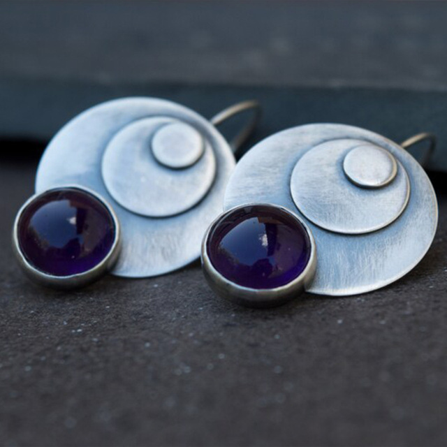 Double Silver Plate Earrings with Purple Stone