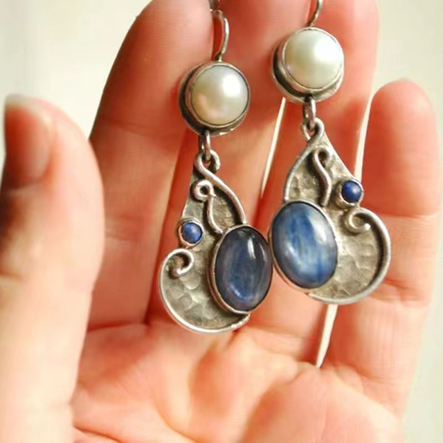 Vintage Earrings with Blue Stone and Pearls