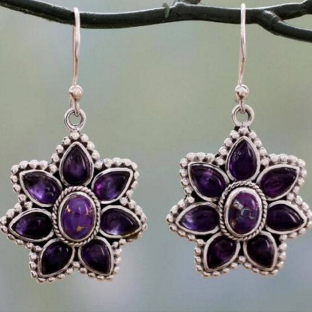 Vintage Purple Flower Silver Earrings