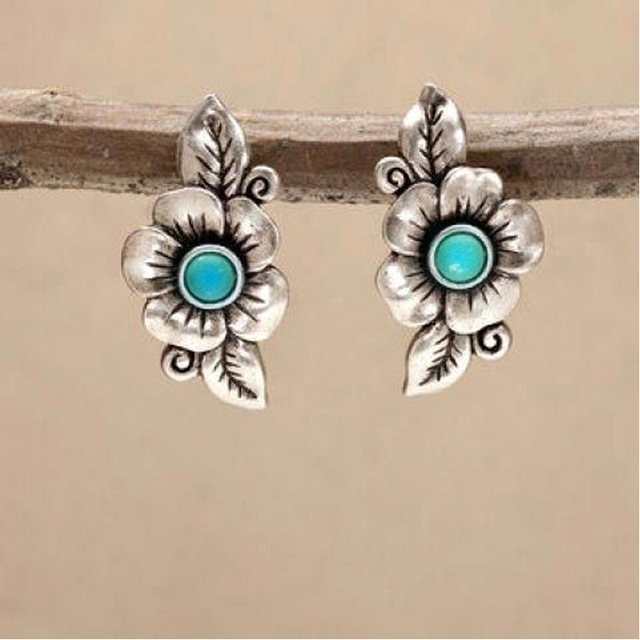 Boho Earrings with Blue Opal Flower in Sterling Silver