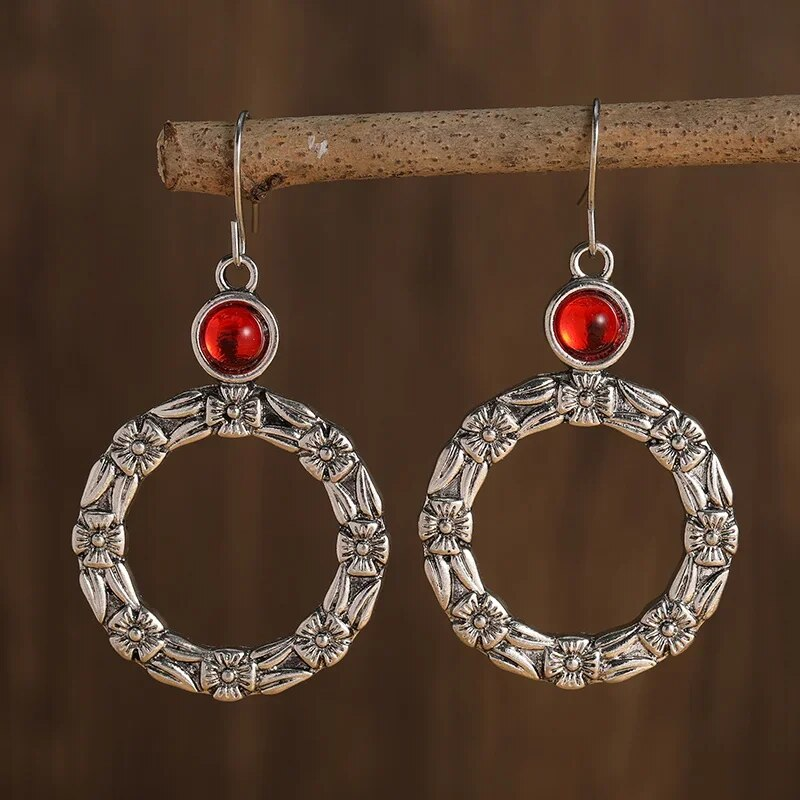 Vintage Circle Red Zirconia Earrings